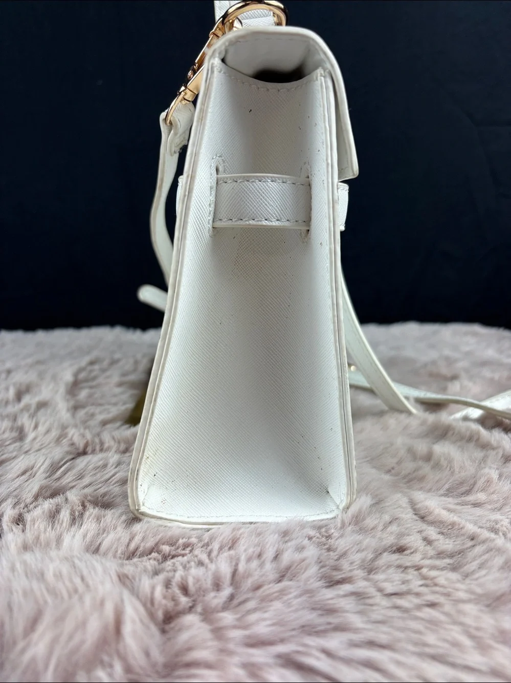 Kelly Style Mini White Saffiano Faux Leather Structured Crossbody Satchel